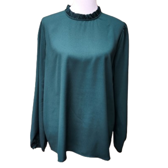 Worthington Green Blouse NWT High Neck Ruffle Trim Workwear Classic - Picture 1 of 12